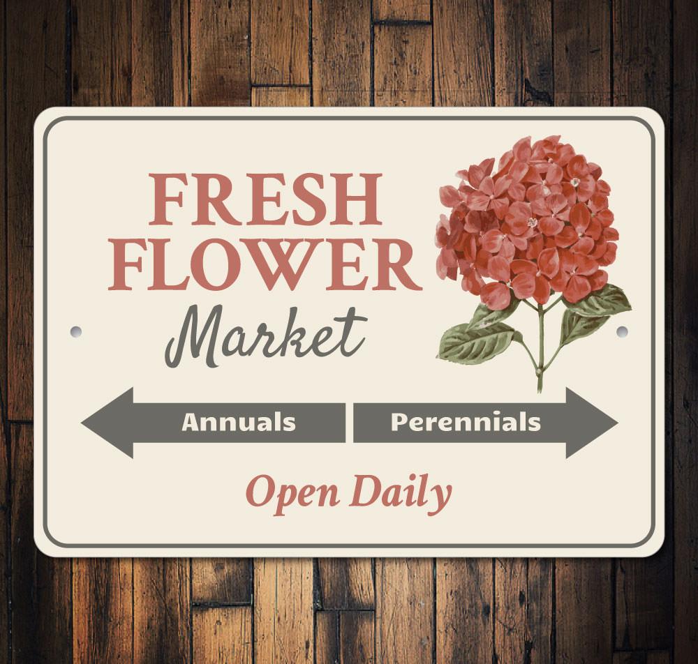 Fresh Flower Market Sign made of high-quality aluminum, featuring vibrant floral designs, perfect for home decoration.