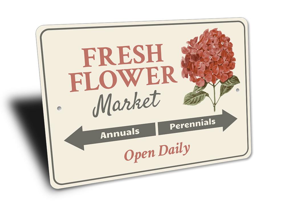 Fresh Flower Market Sign made of high-quality aluminum, featuring vibrant floral designs, perfect for home decoration.