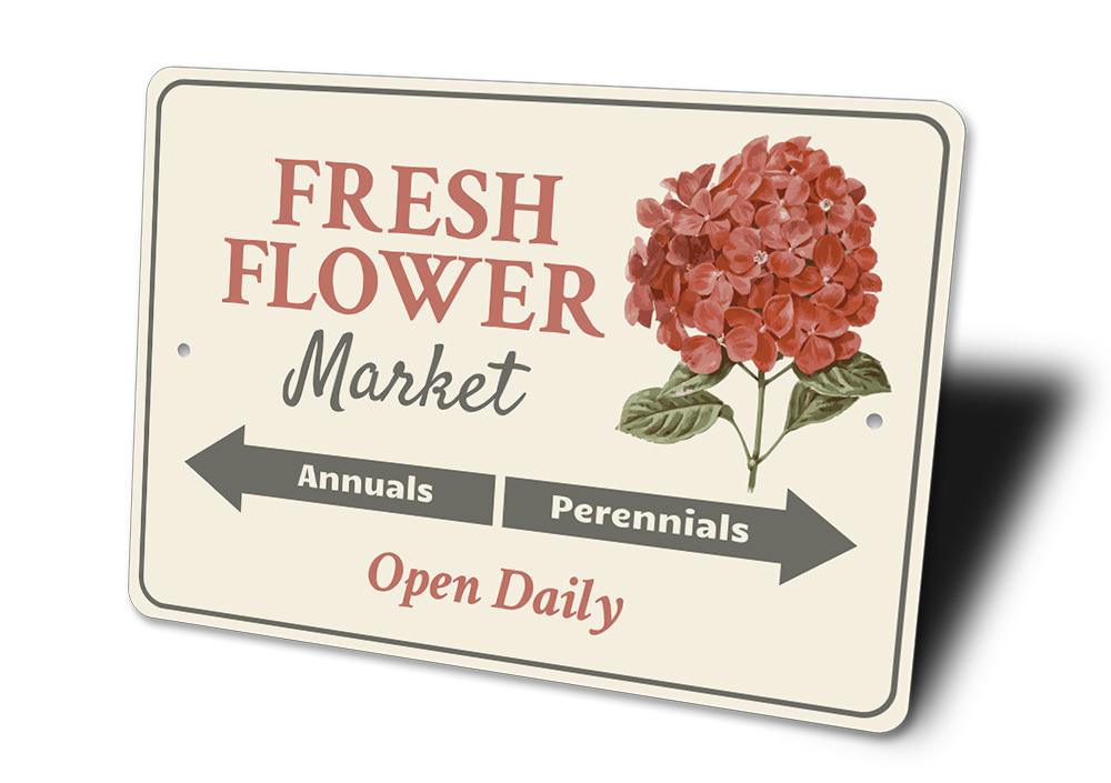 Fresh Flower Market Sign made of high-quality aluminum, featuring vibrant floral designs, perfect for home decoration.