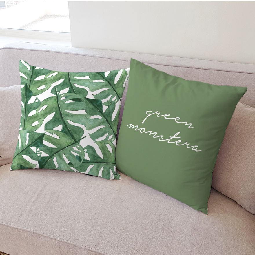 Fresh Green Monstera decorative pillow with double-sided design, showcasing vibrant monstera leaf patterns.