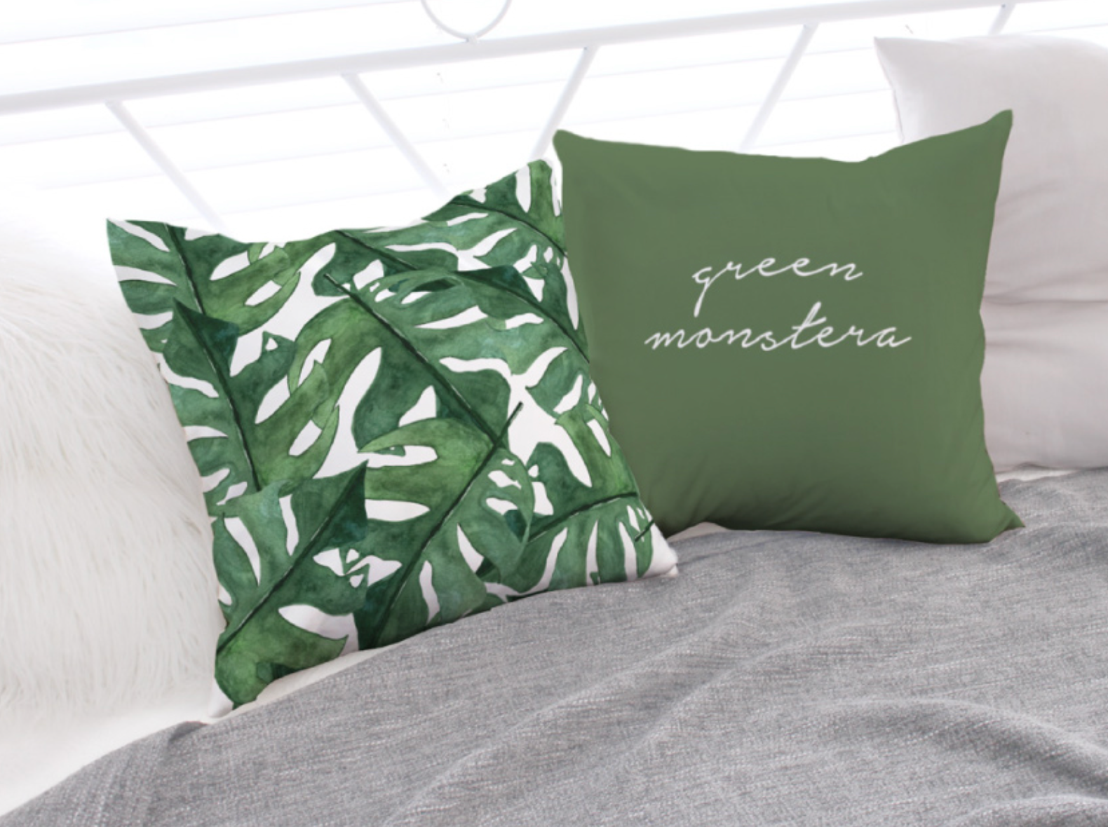 Fresh Green Monstera decorative pillow with double-sided design, showcasing vibrant monstera leaf patterns.