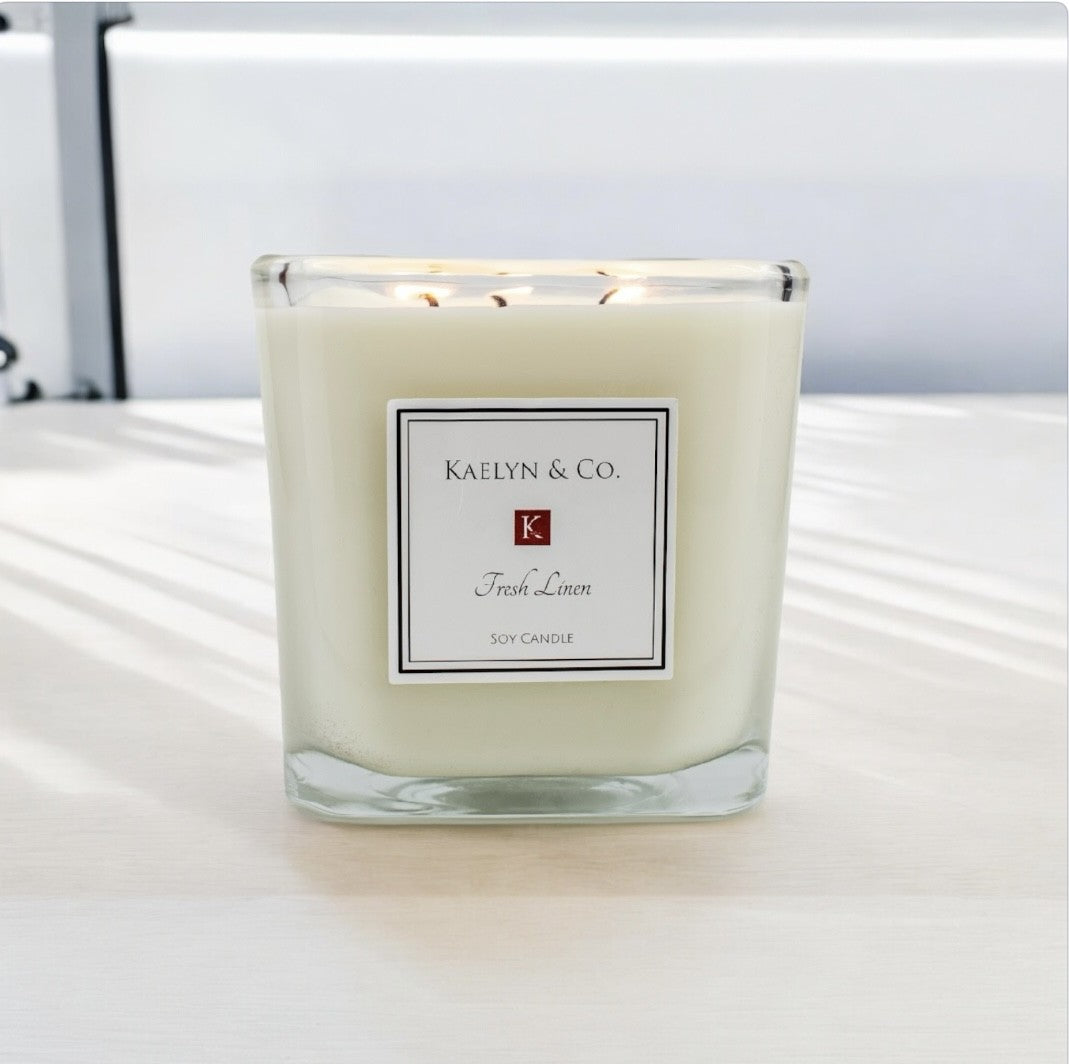 Fresh Linen Large Cube Candle in a stylish cube shape, showcasing its clean and elegant design with a refreshing fragrance.