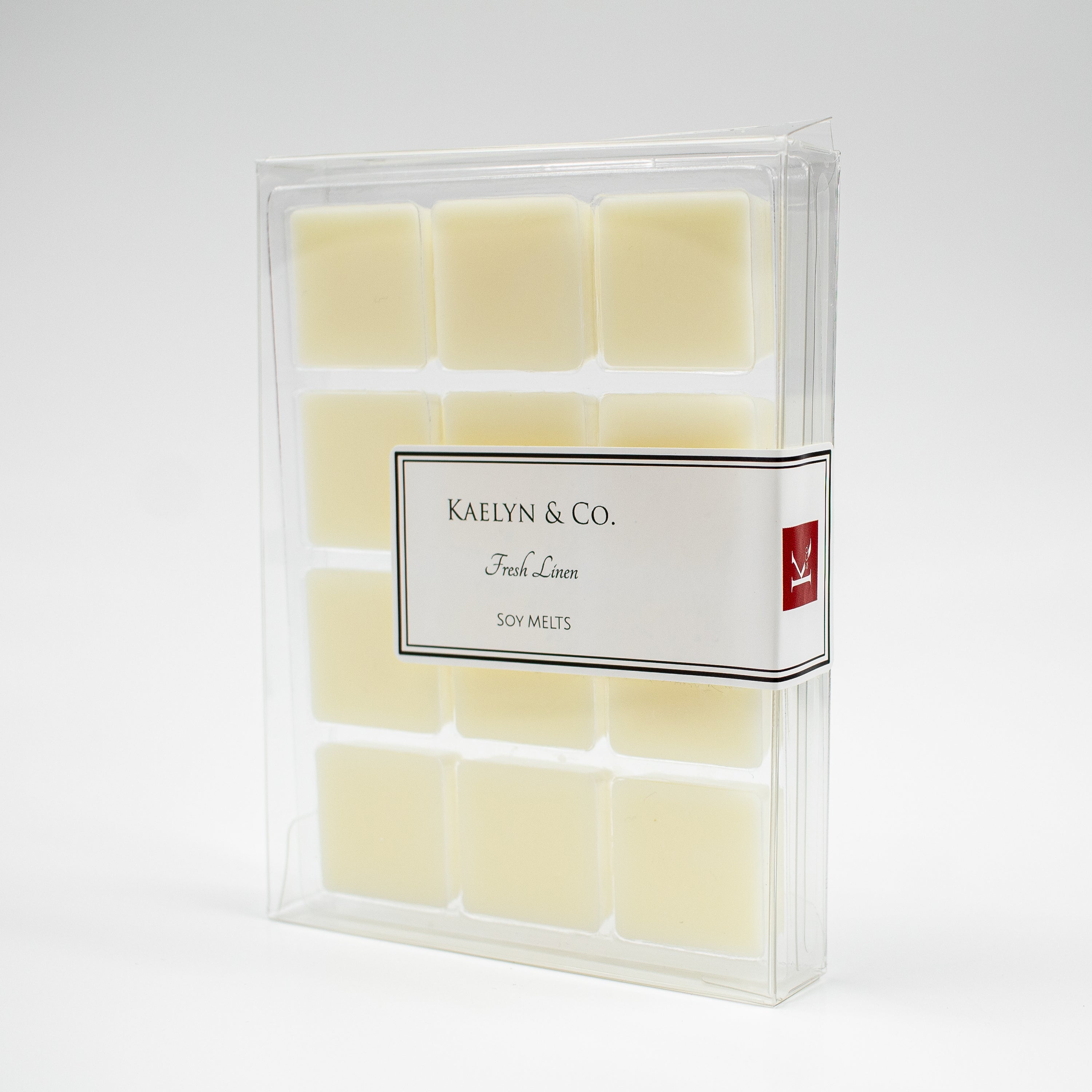 A pack of Fresh Linen Soy Wax Melts featuring twelve cubes, showcasing a clean and elegant design.