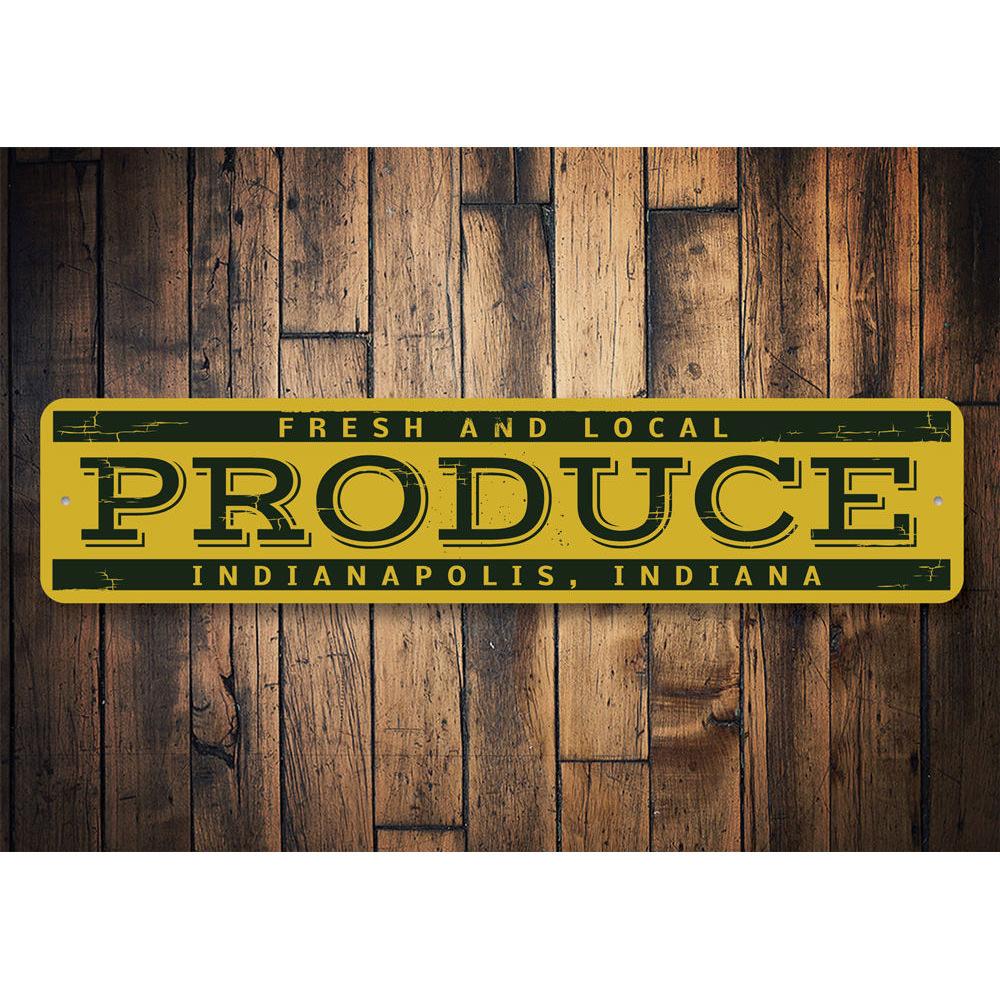 A vibrant Fresh & Local Produce Sign made from high-quality aluminum, featuring customizable text and pre-drilled holes for easy mounting.