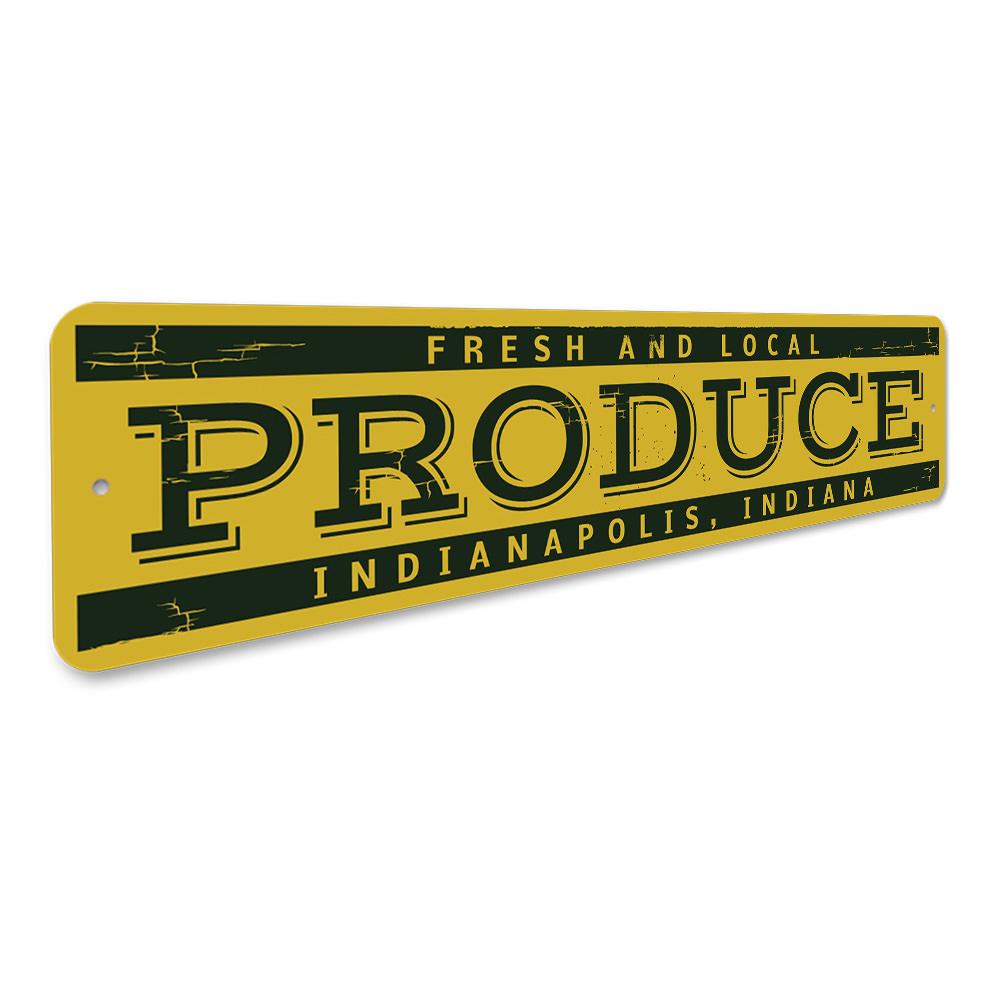 A vibrant Fresh & Local Produce Sign made from high-quality aluminum, featuring customizable text and pre-drilled holes for easy mounting.