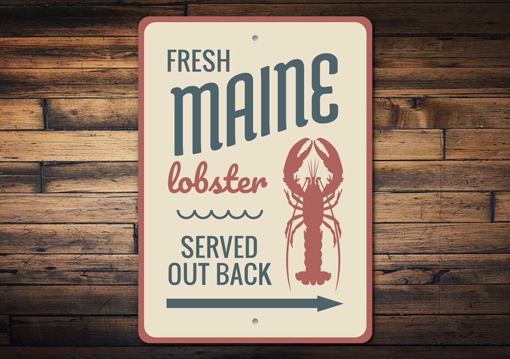 Fresh Maine Lobster Sign made of high-quality aluminum, featuring vibrant colors and a coastal design, perfect for beach houses and seafood restaurants.