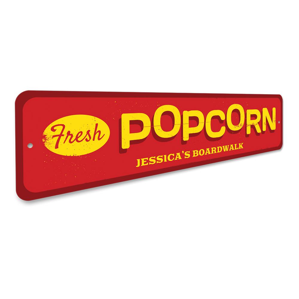 A vibrant Fresh Popcorn Sign made of aluminum, featuring colorful graphics perfect for beach houses and seafood restaurants.