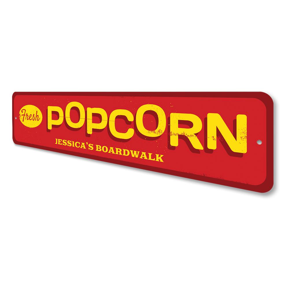 A vibrant Fresh Popcorn Sign made of aluminum, featuring colorful graphics perfect for beach houses and seafood restaurants.