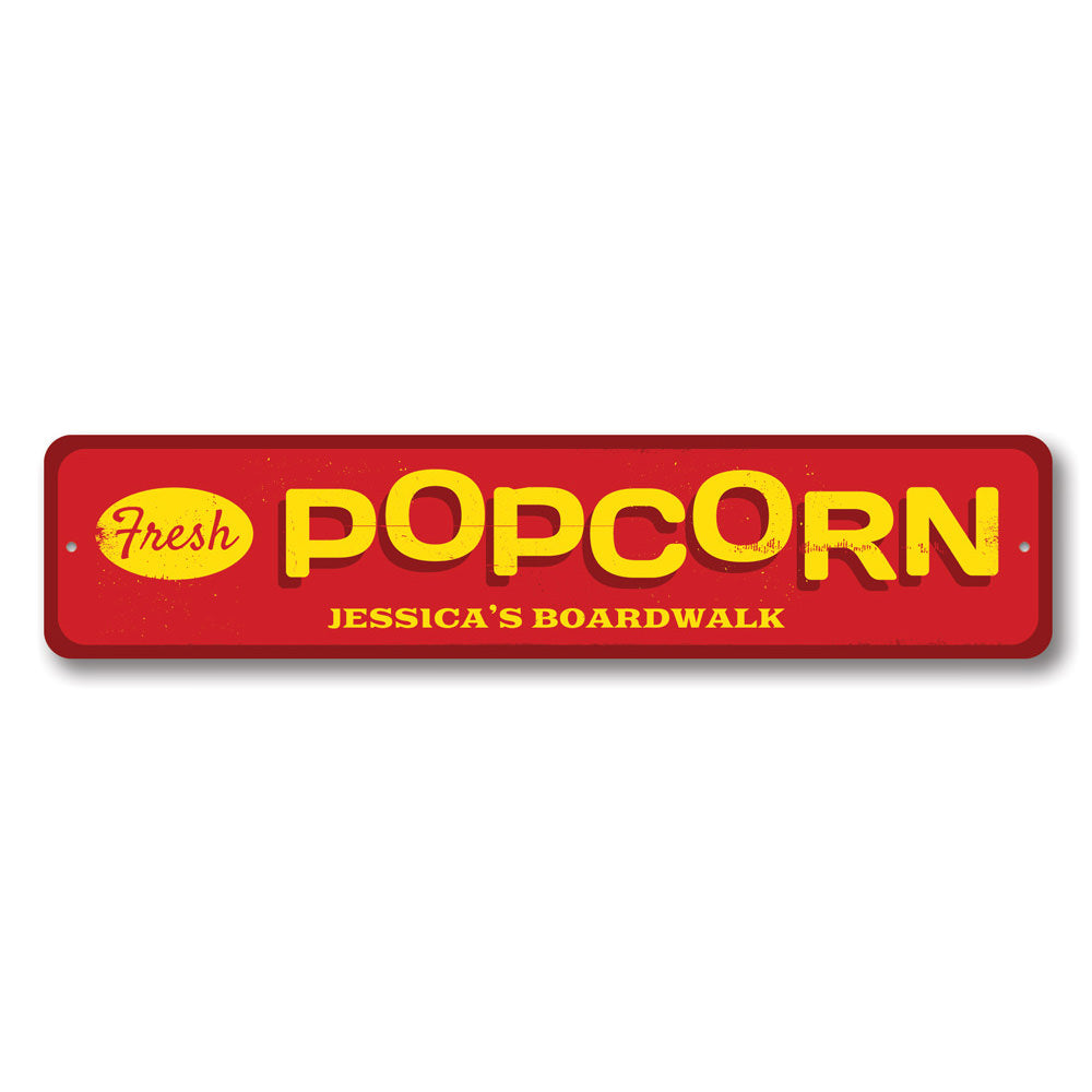 A vibrant Fresh Popcorn Sign made of aluminum, featuring colorful graphics perfect for beach houses and seafood restaurants.