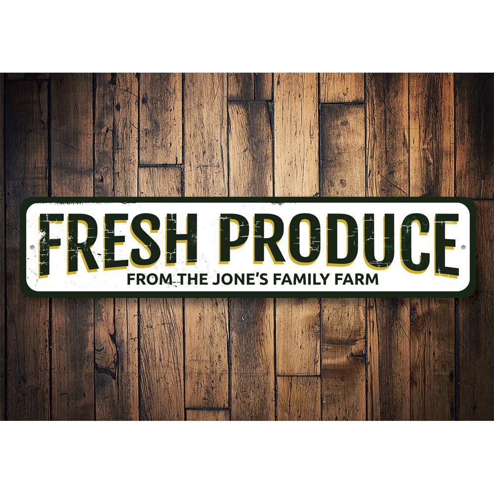 A vibrant Fresh Produce Sign made of high-quality aluminum, featuring customizable text and pre-drilled holes for easy mounting.