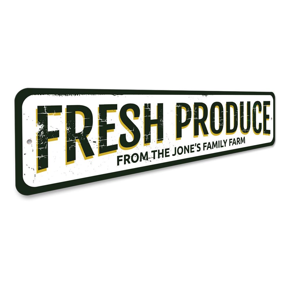 A vibrant Fresh Produce Sign made of high-quality aluminum, featuring customizable text and pre-drilled holes for easy mounting.