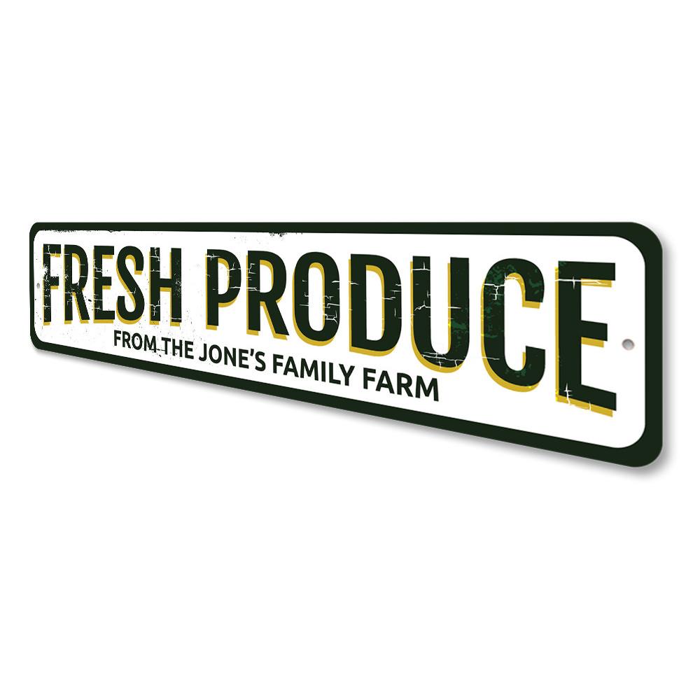 A vibrant Fresh Produce Sign made of high-quality aluminum, featuring customizable text and pre-drilled holes for easy mounting.