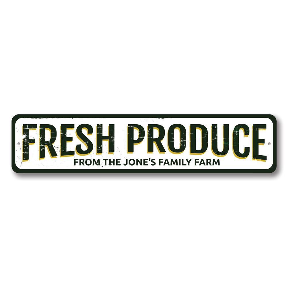 A vibrant Fresh Produce Sign made of high-quality aluminum, featuring customizable text and pre-drilled holes for easy mounting.