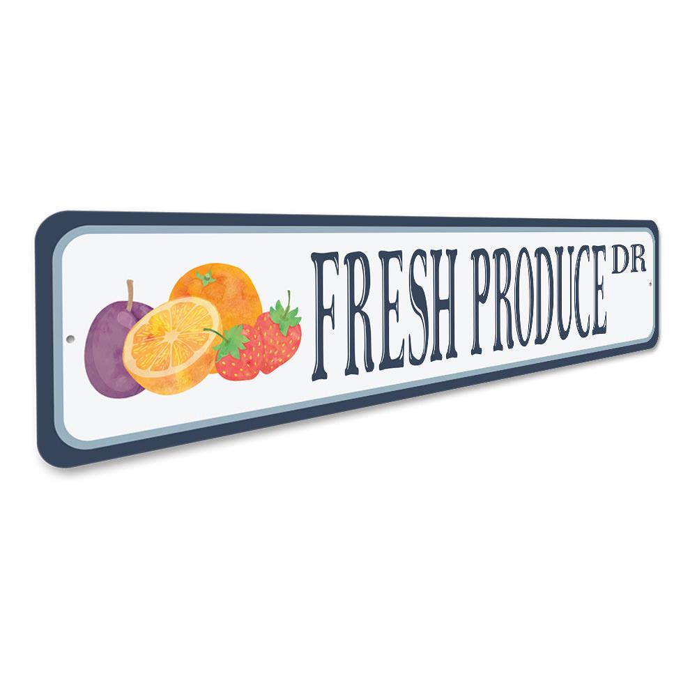 Fresh Produce Street Sign made of high-quality aluminum, featuring vibrant colors and a rustic design, perfect for home decor.