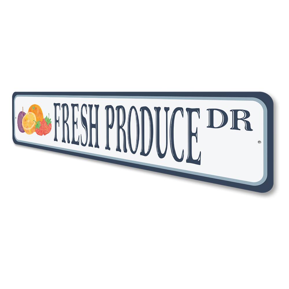 Fresh Produce Street Sign made of high-quality aluminum, featuring vibrant colors and a rustic design, perfect for home decor.