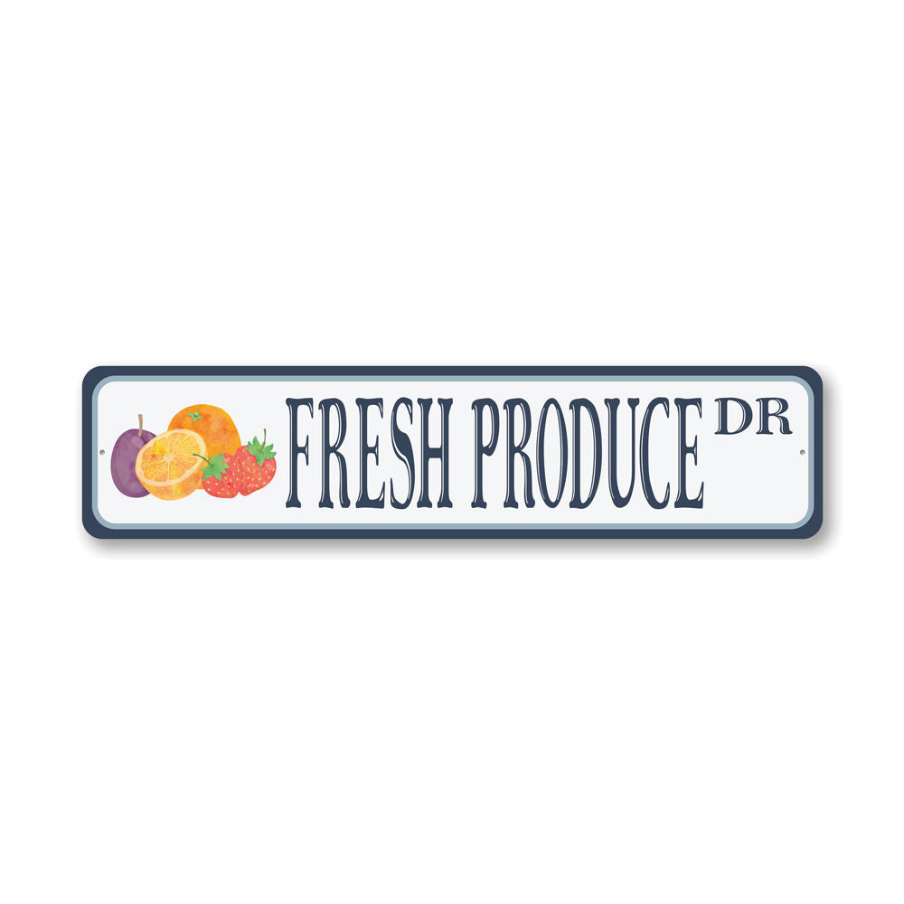 Fresh Produce Street Sign made of high-quality aluminum, featuring vibrant colors and a rustic design, perfect for home decor.