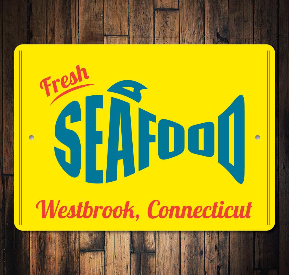 A vibrant Fresh Seafood Sign made of aluminum, featuring nautical themes and customizable text, perfect for beach houses and seafood restaurants.