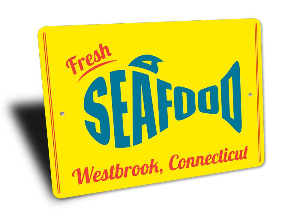 A vibrant Fresh Seafood Sign made of aluminum, featuring nautical themes and customizable text, perfect for beach houses and seafood restaurants.