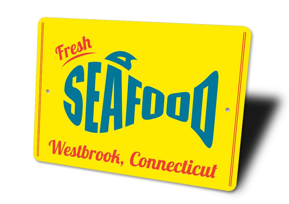 A vibrant Fresh Seafood Sign made of aluminum, featuring nautical themes and customizable text, perfect for beach houses and seafood restaurants.