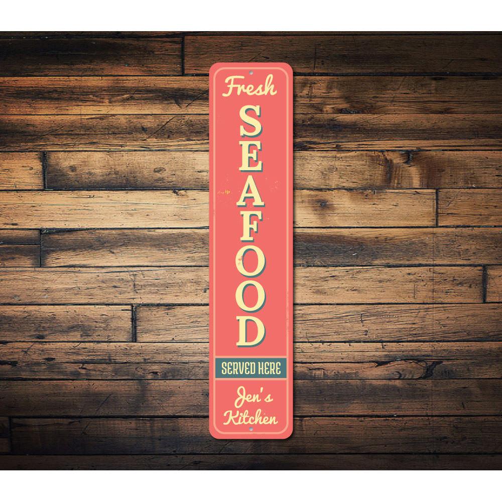 Fresh Seafood Vertical Sign made of aluminum, featuring vibrant colors and customizable text, perfect for beach houses and seafood restaurants.