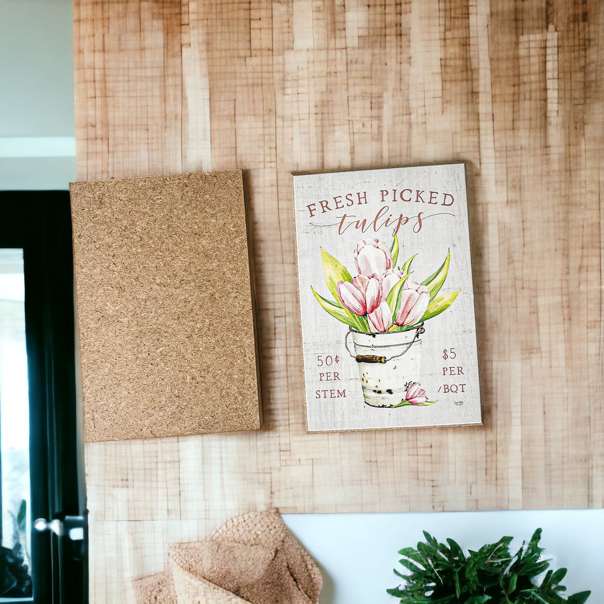 A charming wooden block sign featuring fresh tulips, perfect for spring and summer home decor.