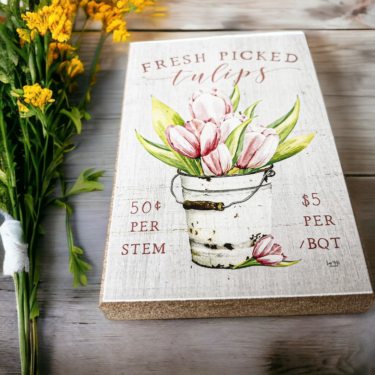 A charming wooden block sign featuring fresh tulips, perfect for spring and summer home decor.