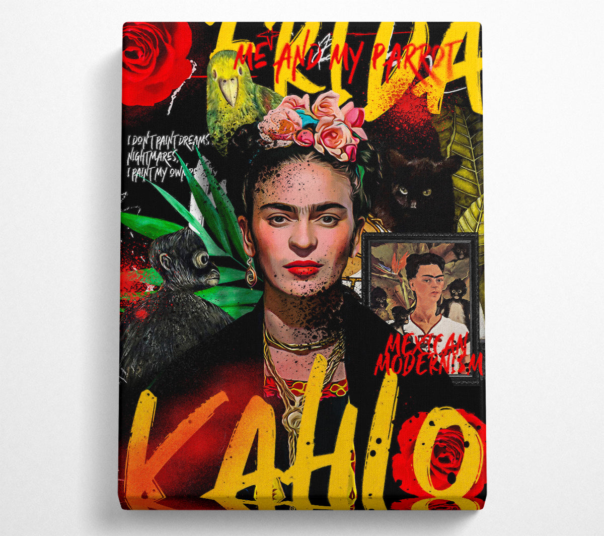 Frida Kahlo Graffiti art piece on coated polyester canvas, mounted on a 44mm box frame, showcasing vibrant colors and unique design.