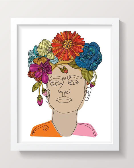 Illustration of Frida Kahlo, the iconic Mexican painter, in vibrant colors on heavy matte card stock.