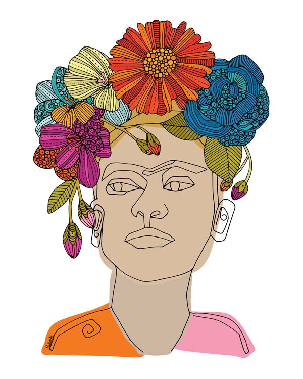 Illustration of Frida Kahlo, the iconic Mexican painter, in vibrant colors on heavy matte card stock.