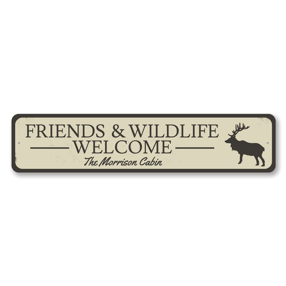 A decorative Friends & Wildlife Welcome Sign made of high-quality aluminum, featuring a rustic design suitable for lakehouses.