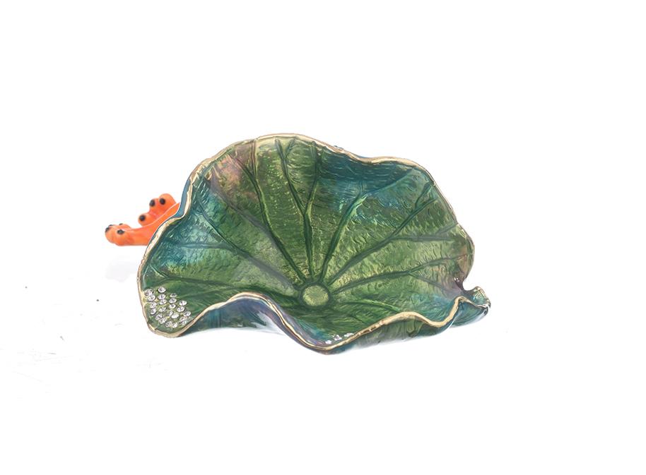 Handcrafted Frog Lying on Leaf trinket box adorned with Austrian crystals and 24K gold plating, showcasing exquisite detail.