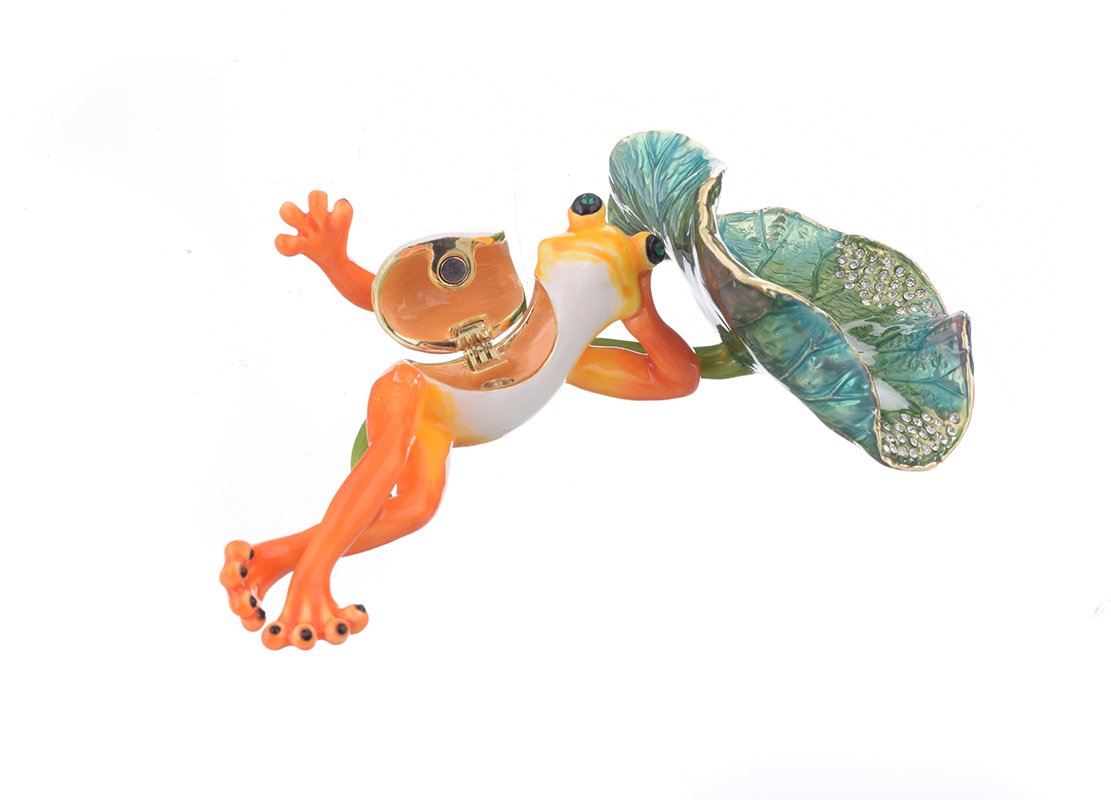 Handcrafted Frog Lying on Leaf trinket box adorned with Austrian crystals and 24K gold plating, showcasing exquisite detail.