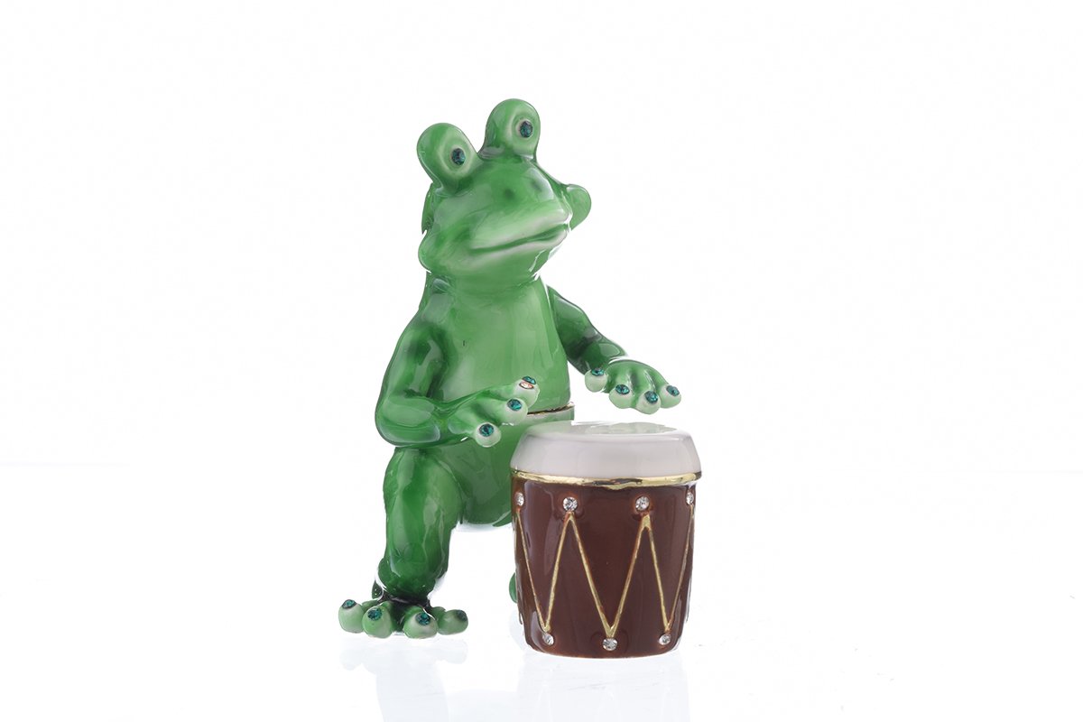 A beautifully crafted Frog Playing Drums jewelry box, featuring vibrant enamel and sparkling Austrian crystals, handmade by Keren Kopal.