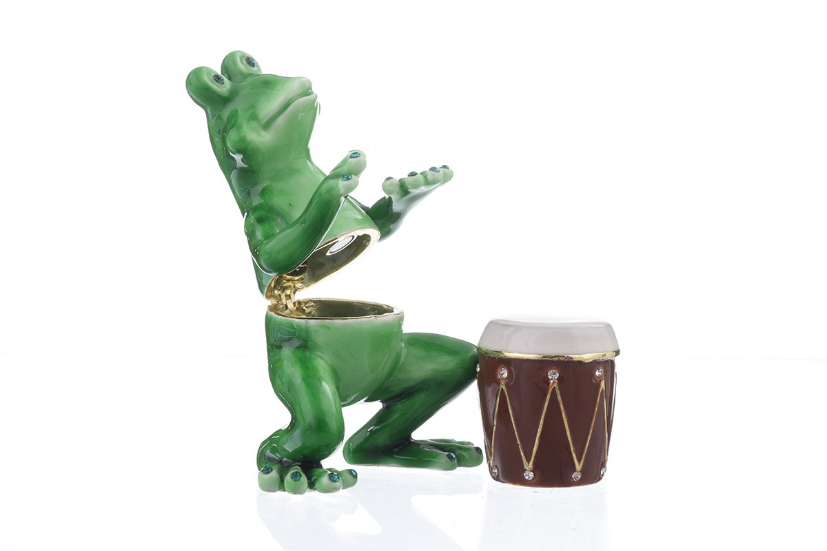 A beautifully crafted Frog Playing Drums jewelry box, featuring vibrant enamel and sparkling Austrian crystals, handmade by Keren Kopal.