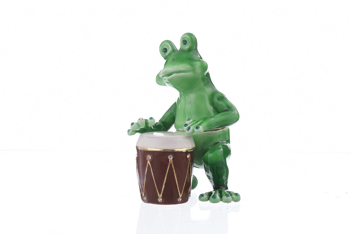 A beautifully crafted Frog Playing Drums jewelry box, featuring vibrant enamel and sparkling Austrian crystals, handmade by Keren Kopal.