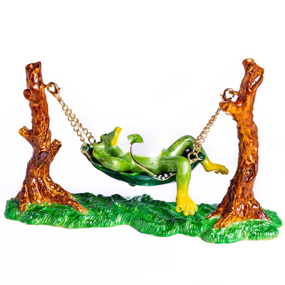 Handmade Frog Relaxing on Hammock trinket box, enamel painted with Austrian crystals and 925 silver plating.