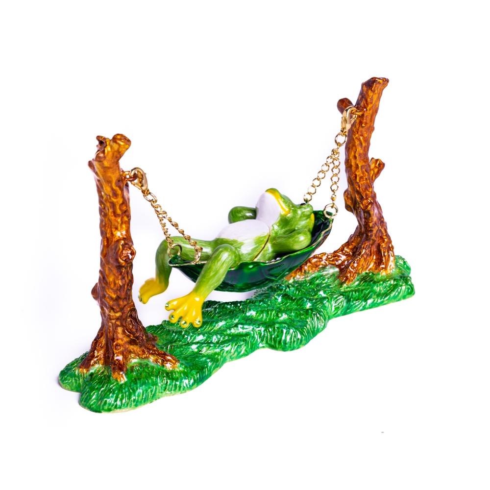 Handmade Frog Relaxing on Hammock trinket box, enamel painted with Austrian crystals and 925 silver plating.