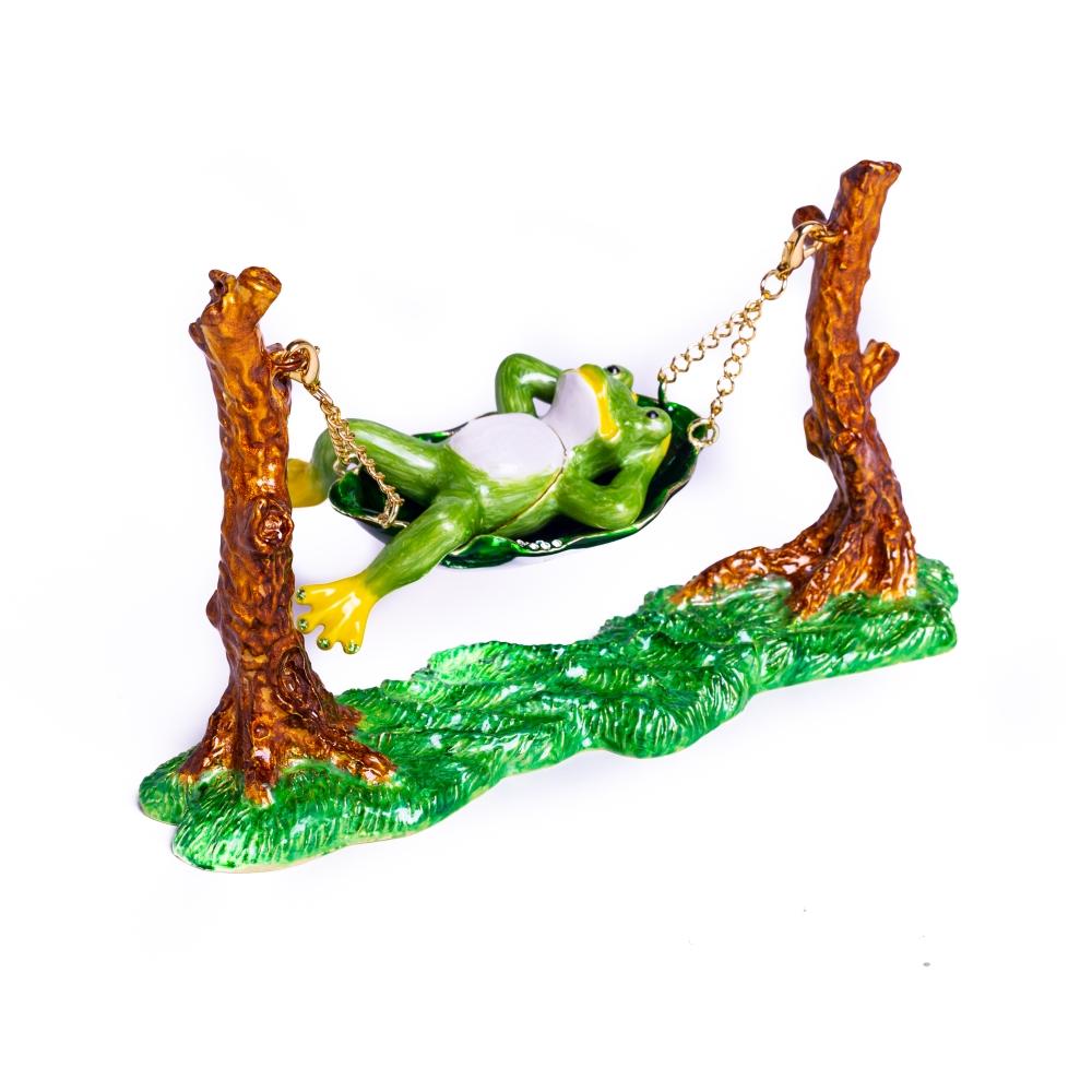 Handmade Frog Relaxing on Hammock trinket box, enamel painted with Austrian crystals and 925 silver plating.