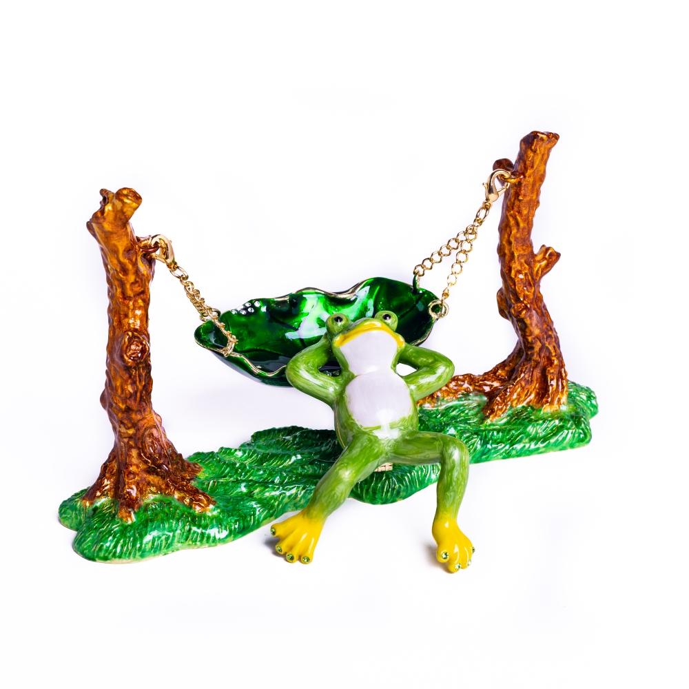 Handmade Frog Relaxing on Hammock trinket box, enamel painted with Austrian crystals and 925 silver plating.