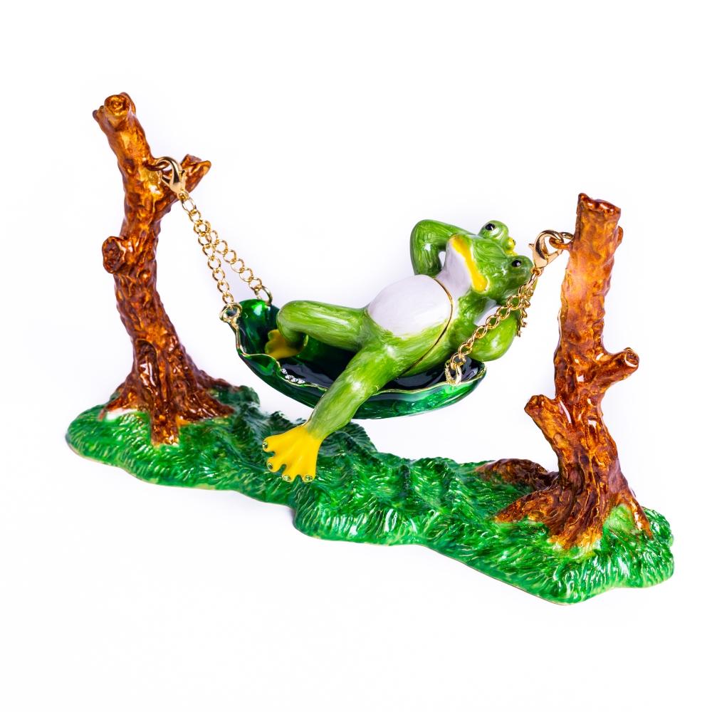 Handmade Frog Relaxing on Hammock trinket box, enamel painted with Austrian crystals and 925 silver plating.