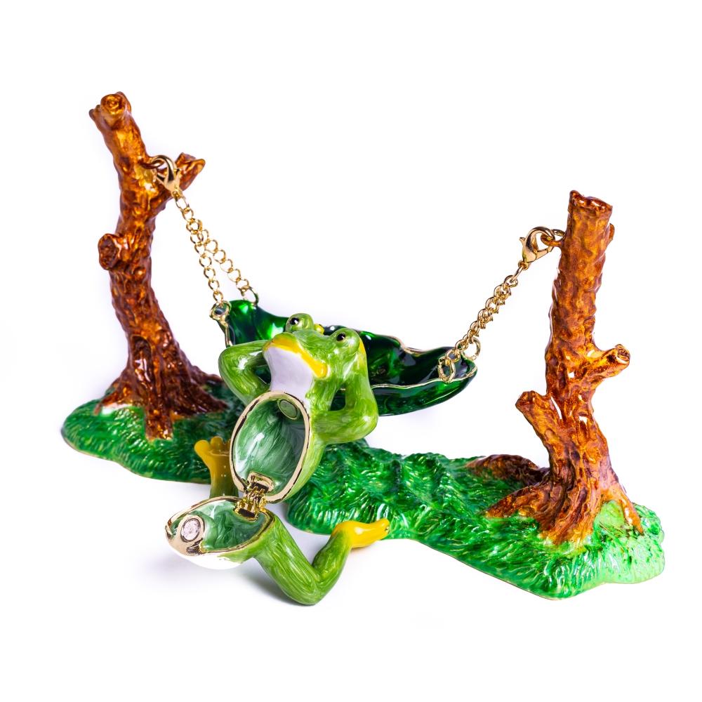 Handmade Frog Relaxing on Hammock trinket box, enamel painted with Austrian crystals and 925 silver plating.