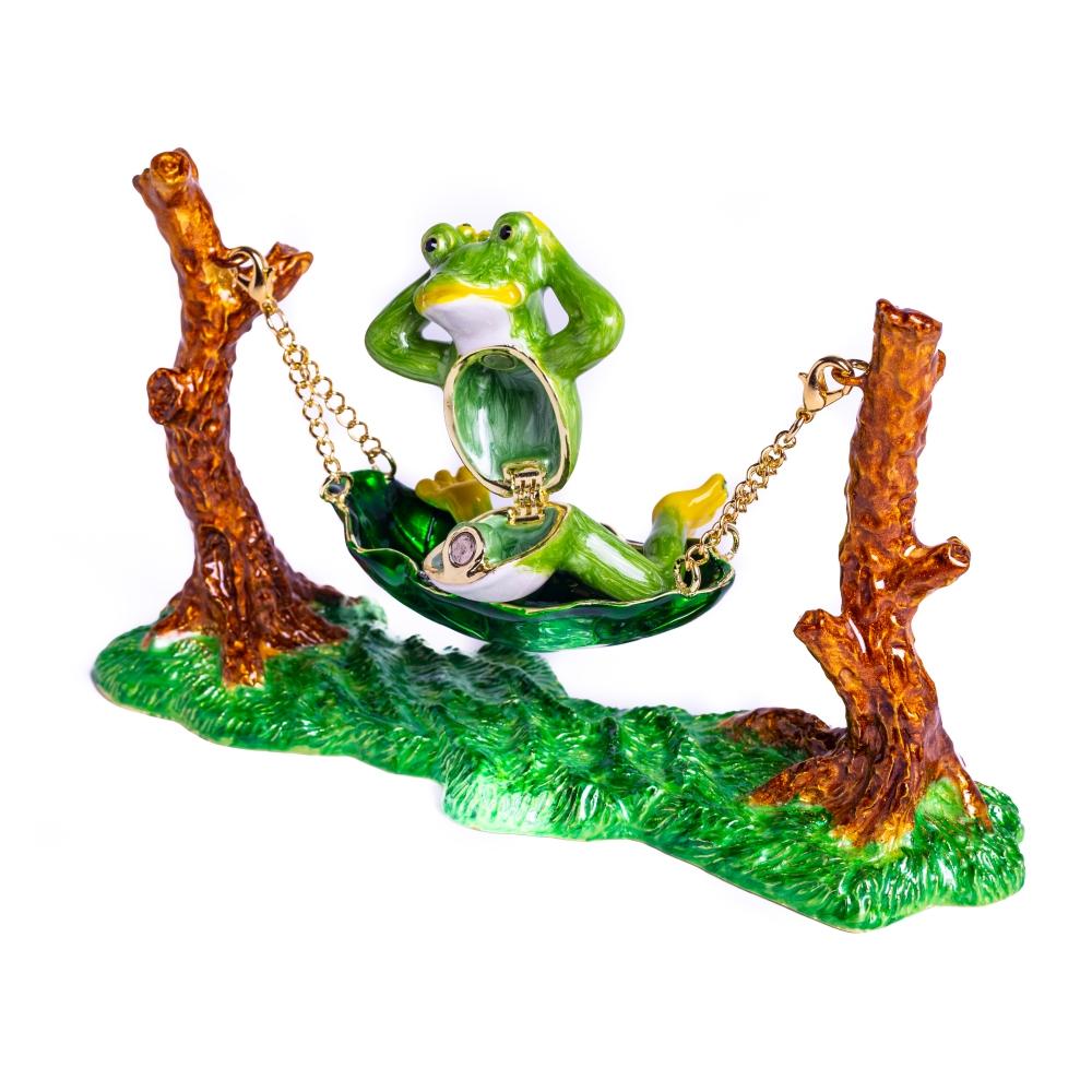 Handmade Frog Relaxing on Hammock trinket box, enamel painted with Austrian crystals and 925 silver plating.