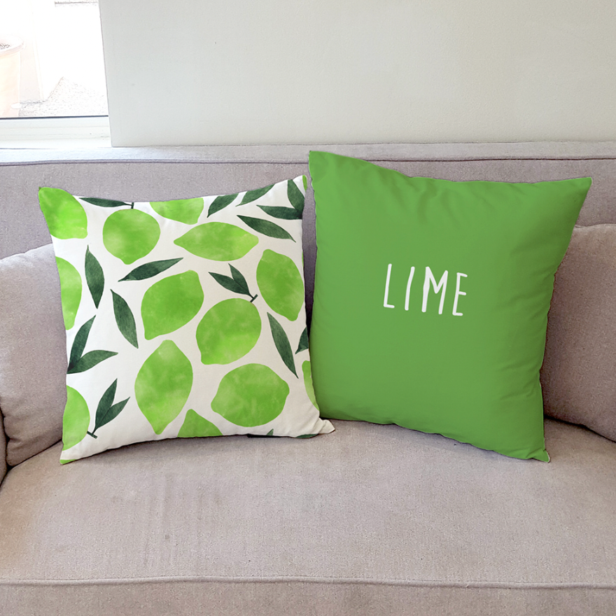 A vibrant Fruit Lime cushion featuring a double-sided design, made from high-quality microfiber, perfect for home decor.