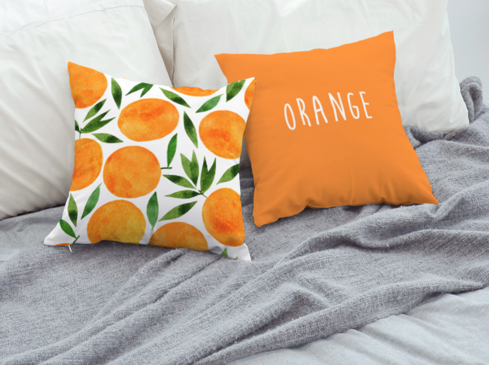 A vibrant orange fruits design cushion showcasing a double-sided pattern, made from high-quality microfiber with a polyester insert.