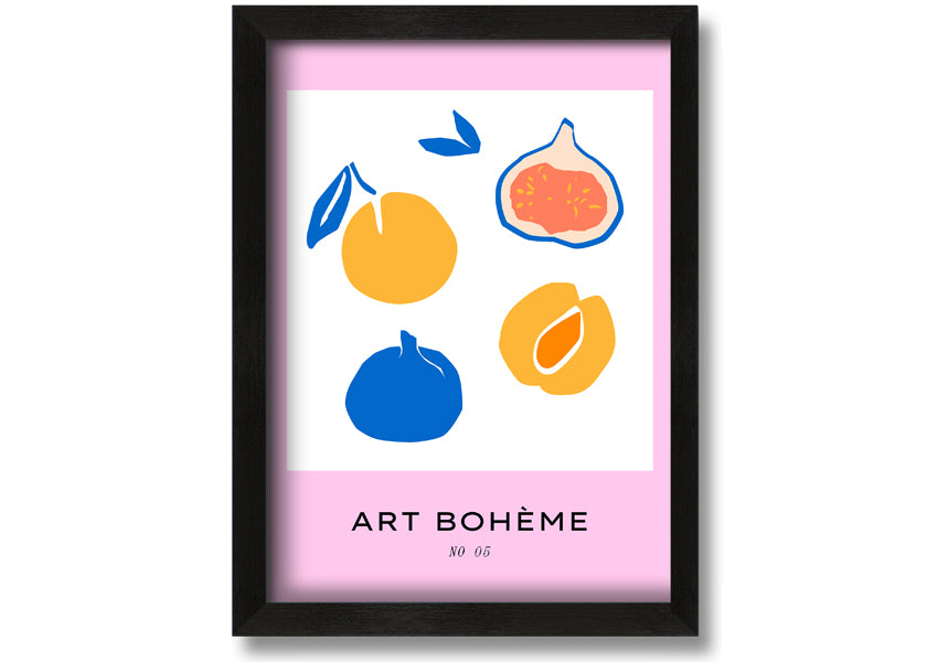 A colorful framed print from the Fruity Collection featuring vibrant fruit designs, available in various frame colors.