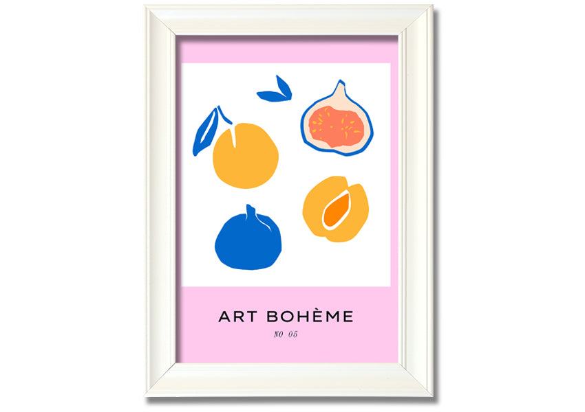 A colorful framed print from the Fruity Collection featuring vibrant fruit designs, available in various frame colors.