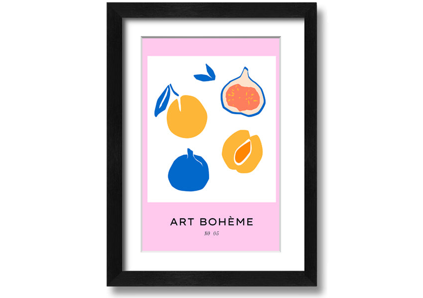 A colorful framed print from the Fruity Collection featuring vibrant fruit designs, available in various frame colors.