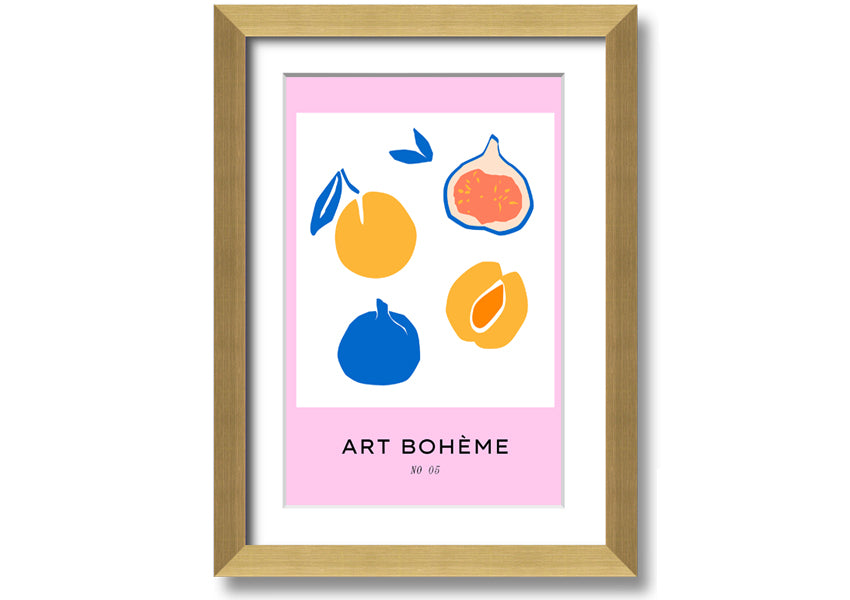 A colorful framed print from the Fruity Collection featuring vibrant fruit designs, available in various frame colors.