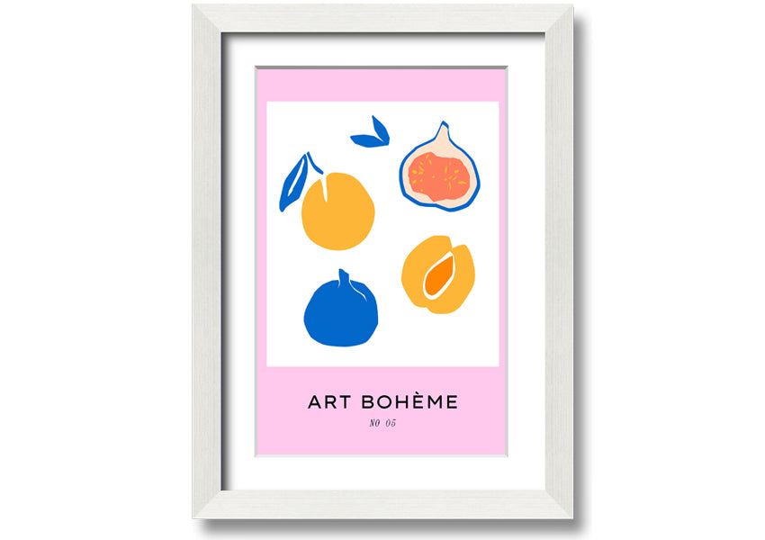 A colorful framed print from the Fruity Collection featuring vibrant fruit designs, available in various frame colors.