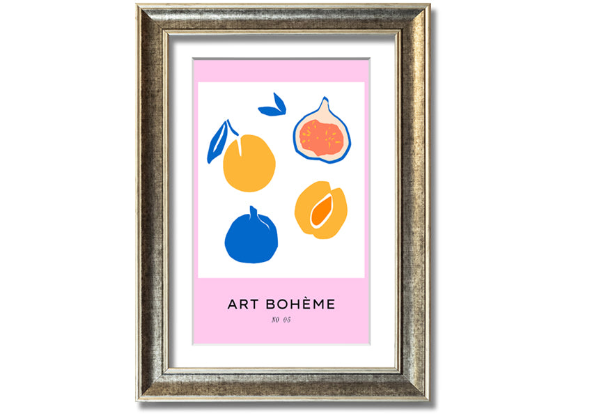 A colorful framed print from the Fruity Collection featuring vibrant fruit designs, available in various frame colors.